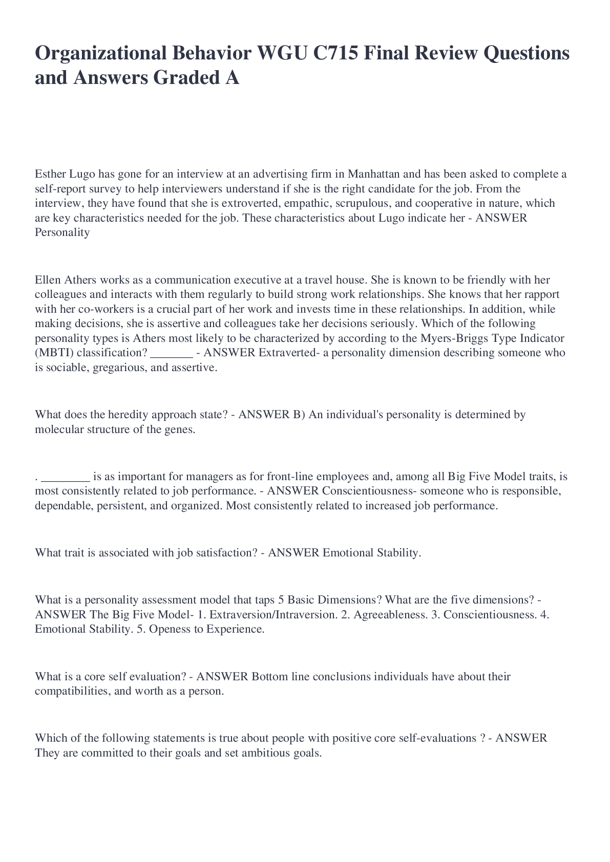 Preview image for Organizational Behavior WGU C715 Final Review Questions and Answers Graded A